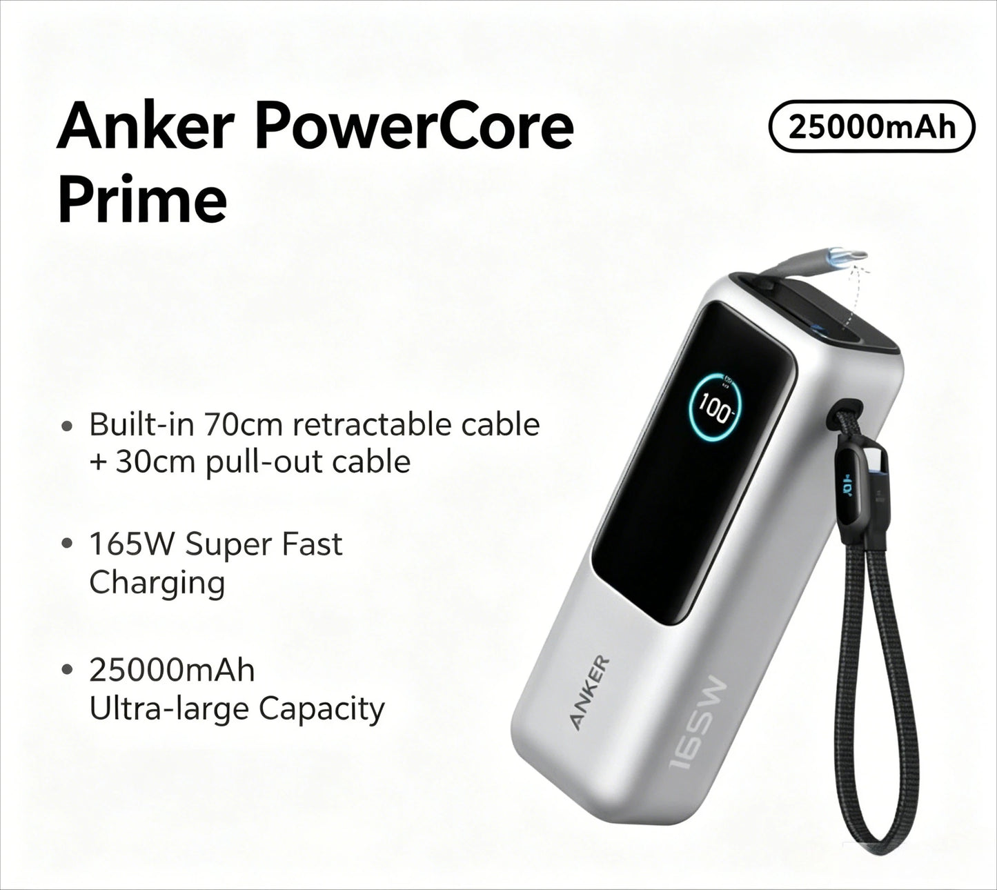Anker Zolo A1695 25000mAh 165W PD Power Bank Built-in Retractable USB-C Cable Fast Charging Portable Charger for Laptop Phone