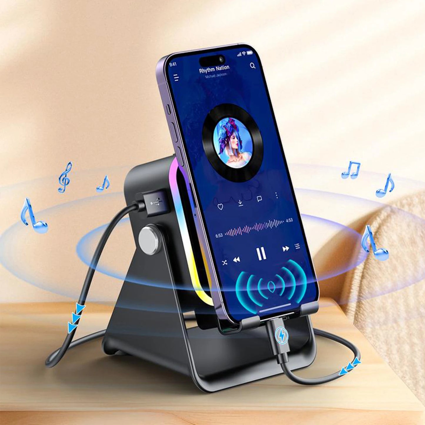 2026 Wireless Induction Audio Speaker Bracket Emergency Power 360 Adjustable Bracket With Colorful Ambient Light