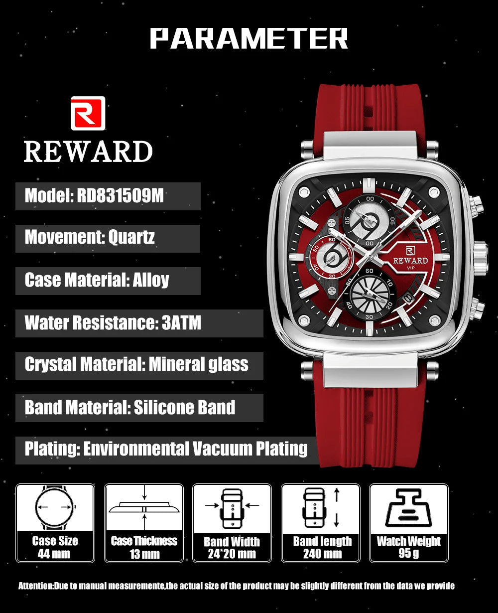 REWARD hottest square men's watch silicone band calendar chronograph fashion sport quartz watch men
