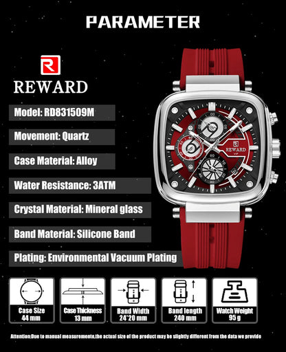 REWARD hottest square men's watch silicone band calendar chronograph fashion sport quartz watch men