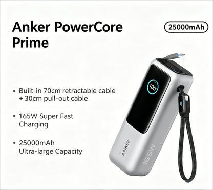 Anker Zolo A1695 25000mAh 165W PD Power Bank Built-in Retractable USB-C Cable Fast Charging Portable Charger for Laptop Phone