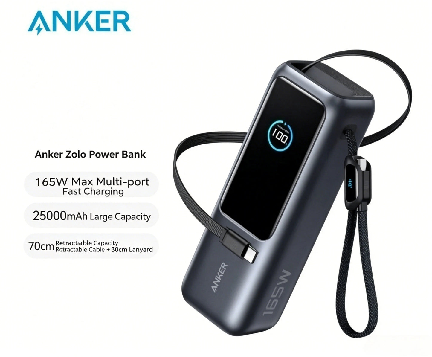 Anker Zolo A1695 25000mAh 165W PD Power Bank Built-in Retractable USB-C Cable Fast Charging Portable Charger for Laptop Phone