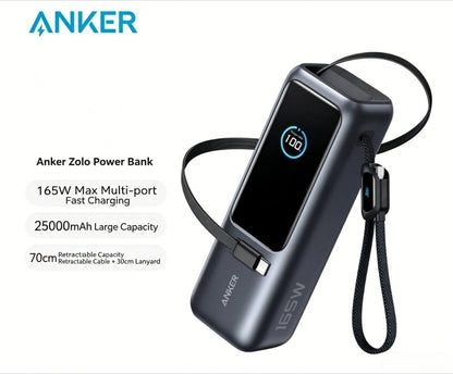 Anker Zolo A1695 25000mAh 165W PD Power Bank Built-in Retractable USB-C Cable Fast Charging Portable Charger for Laptop Phone