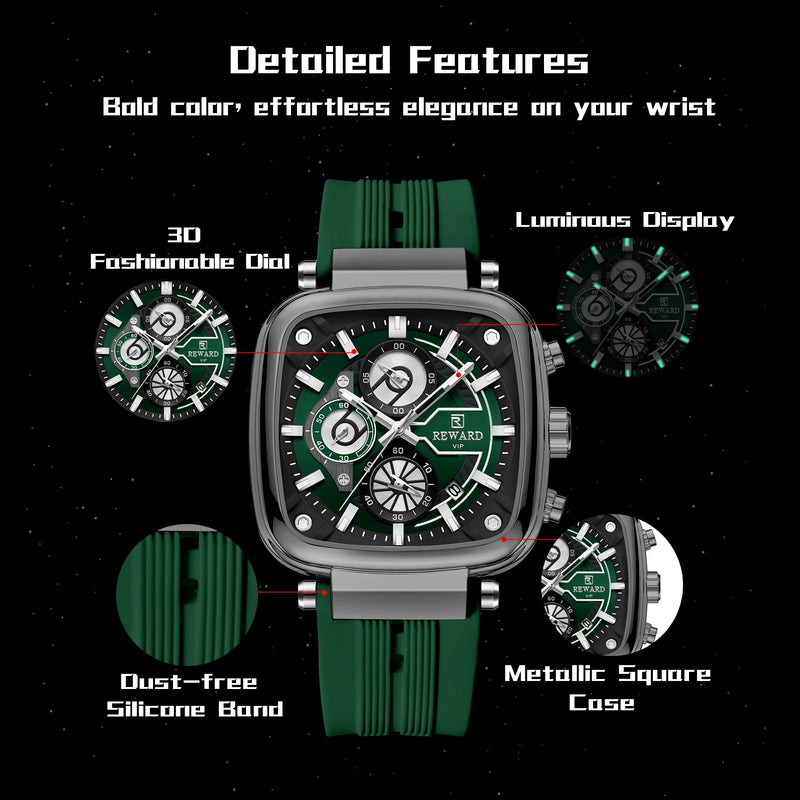 REWARD hottest square men's watch silicone band calendar chronograph fashion sport quartz watch men detail view