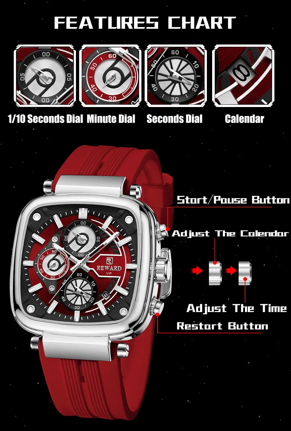 REWARD hottest square men's watch silicone band calendar chronograph fashion sport quartz watch men