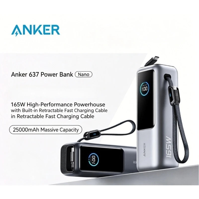 Anker Zolo A1695 25000mAh 165W PD Power Bank Built-in Retractable USB-C Cable Fast Charging Portable Charger for Laptop Phone