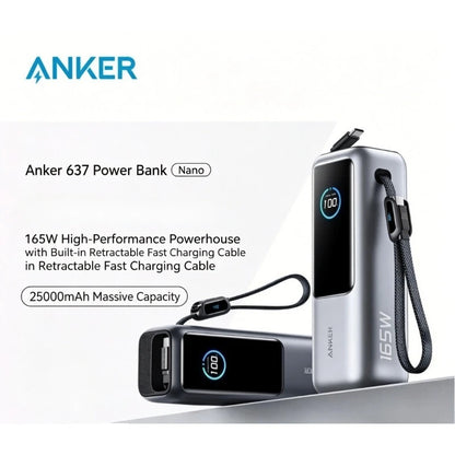 Anker Zolo A1695 25000mAh 165W PD Power Bank Built-in Retractable USB-C Cable Fast Charging Portable Charger for Laptop Phone