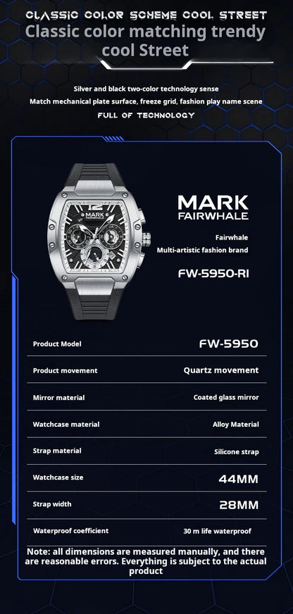 Mark Fairwhale Sports Man's Watches Brand Luxury Silicone Strap Date Clocks Fashion Multifunctional Quartz Wristwatch Boy Reloj