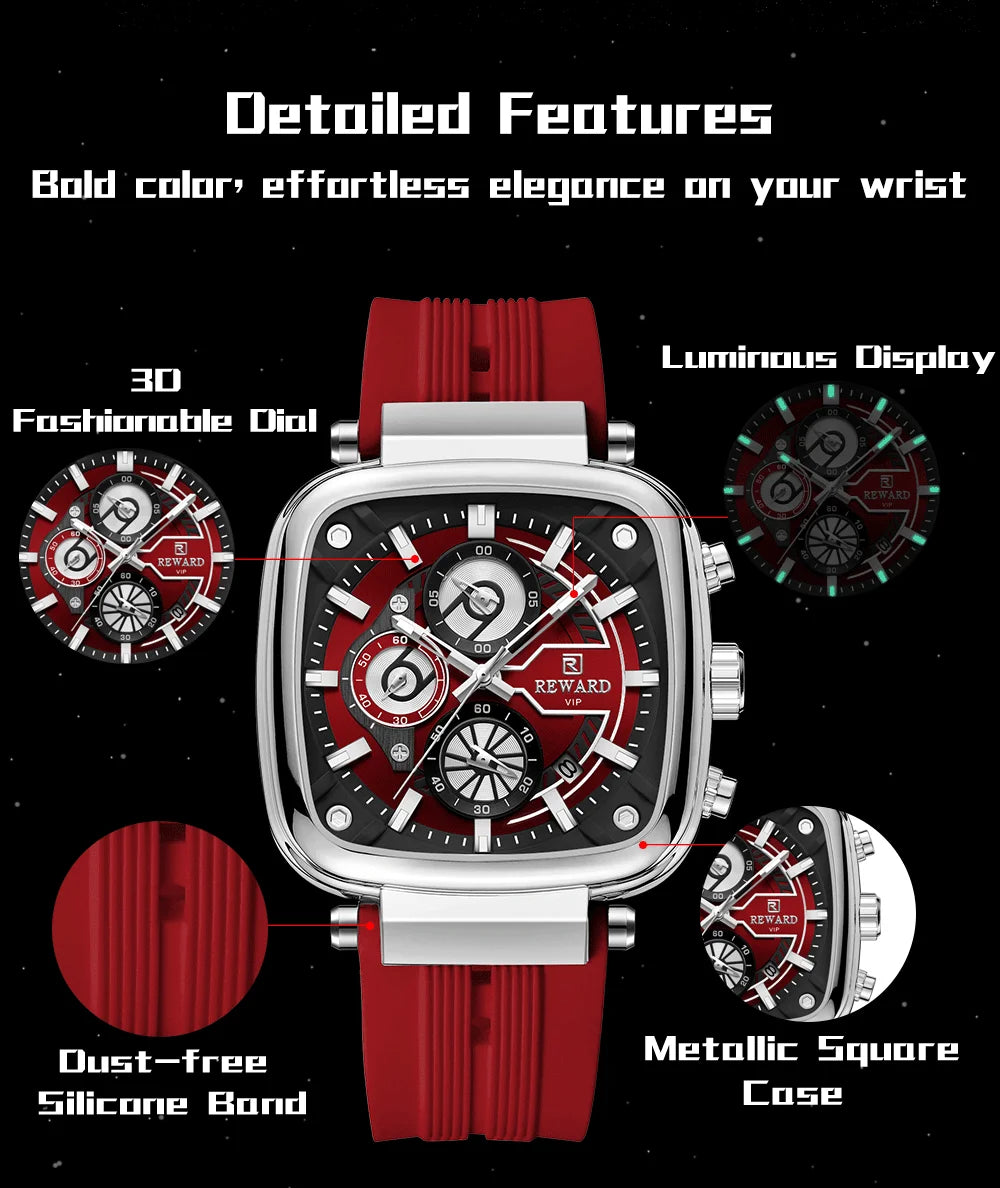REWARD hottest square men's watch silicone band calendar chronograph fashion sport quartz watch men