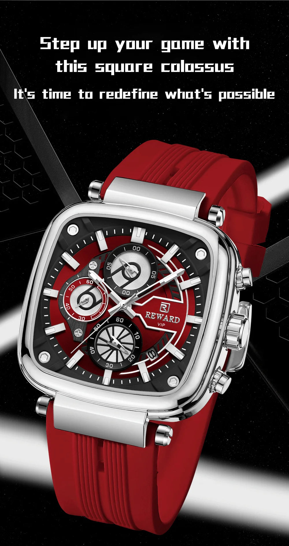 REWARD hottest square men's watch silicone band calendar chronograph fashion sport quartz watch men