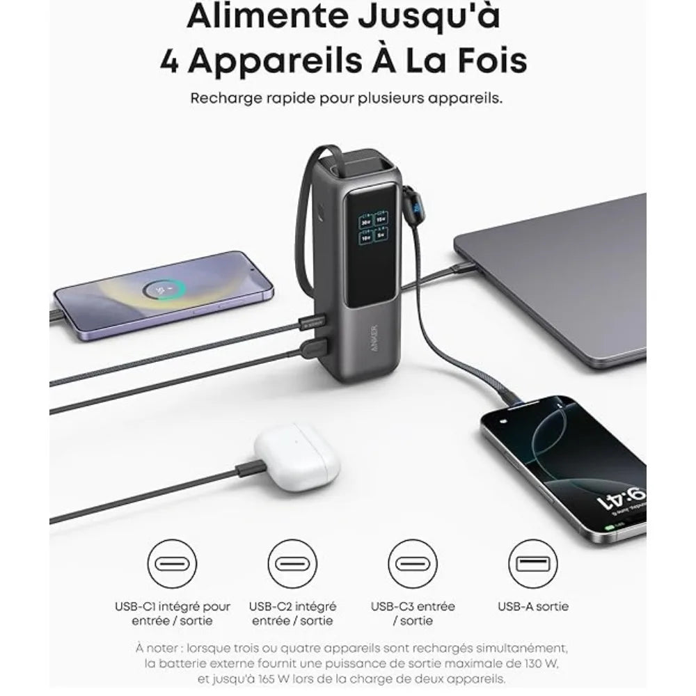 Anker Zolo A1695 25000mAh 165W PD Power Bank Built-in Retractable USB-C Cable Fast Charging Portable Charger for Laptop Phone