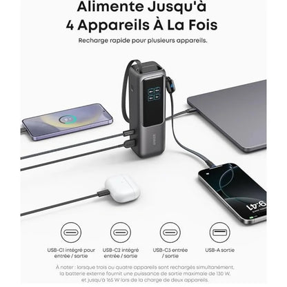 Anker Zolo A1695 25000mAh 165W PD Power Bank Built-in Retractable USB-C Cable Fast Charging Portable Charger for Laptop Phone