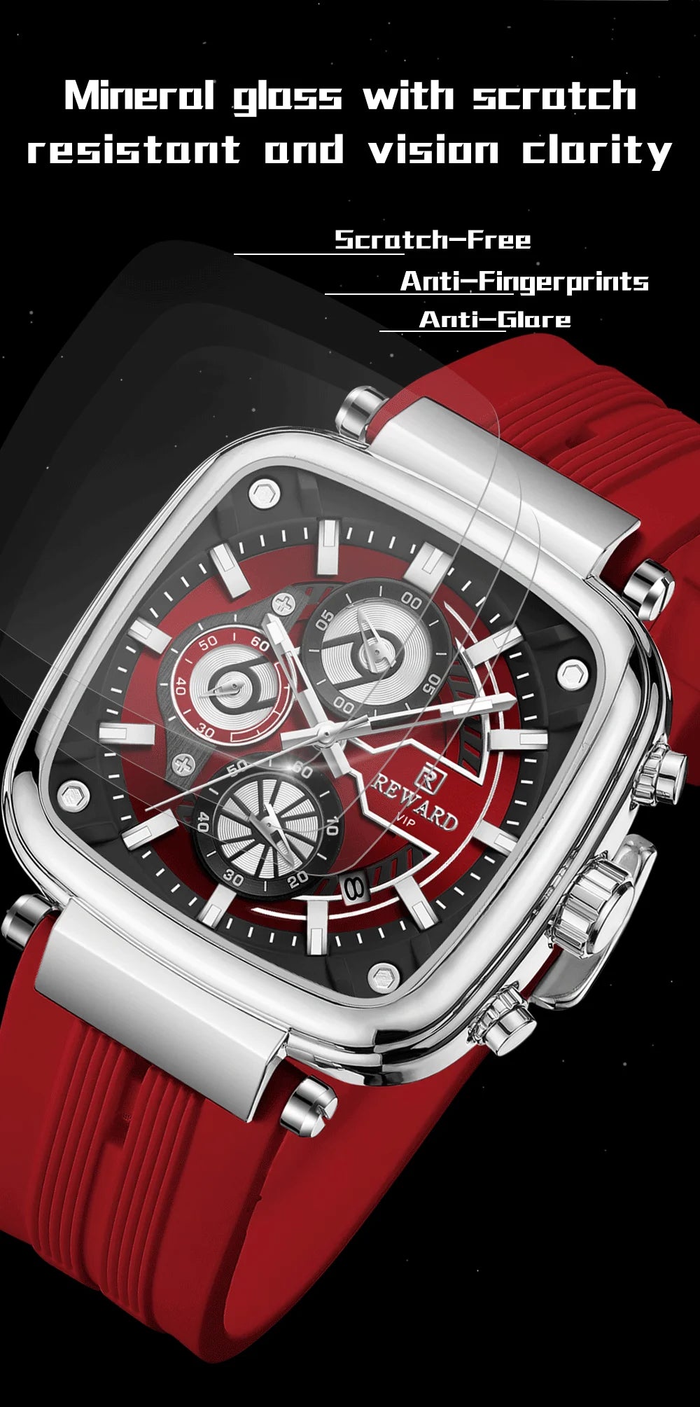 REWARD hottest square men's watch silicone band calendar chronograph fashion sport quartz watch men
