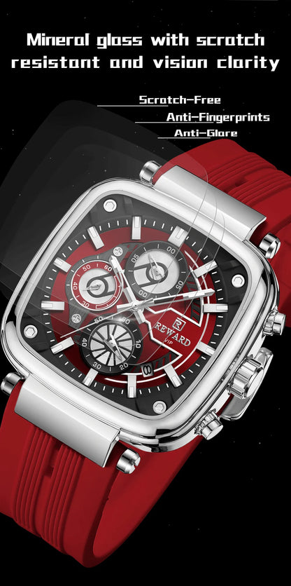 REWARD hottest square men's watch silicone band calendar chronograph fashion sport quartz watch men